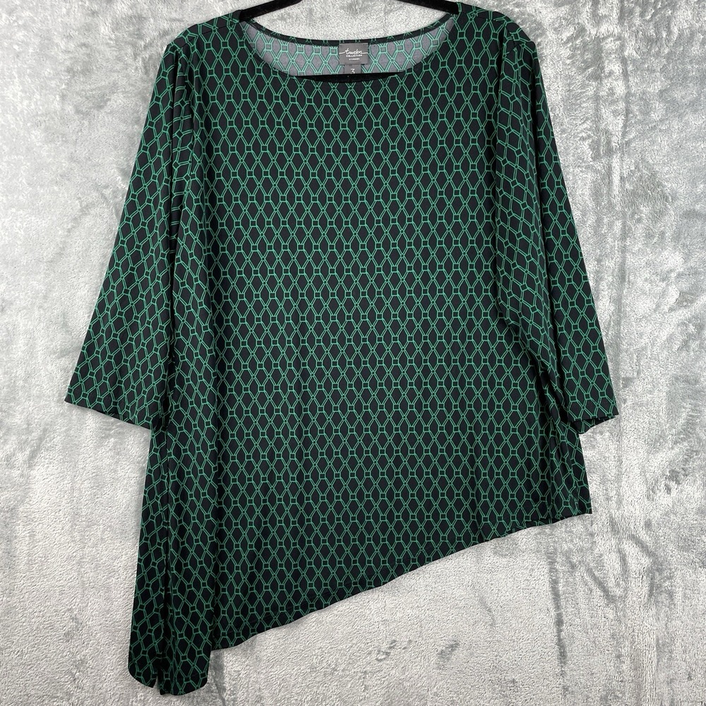 Chicos Asymmetrical Tunic Top Womens XL Green Black Geometric Blouse Art To Wear